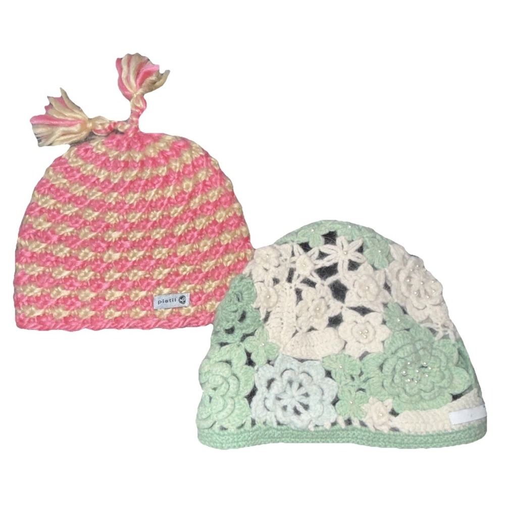 Set 2 Beanies pink Pistil Tassel Beanie Hat Made In Italy & Green Knit Boho EUC